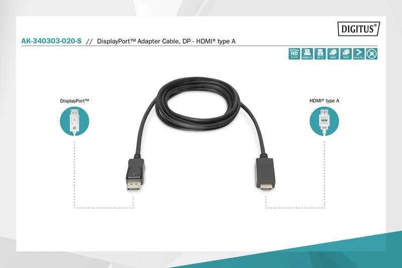Assmann Electronic DIGITUS DisplayPort Adapteris Cable DP - HDMI Type A St / St 2.0m w / War. DP 1.2 HDMI 2.0 4K / 60Hz CE juodas