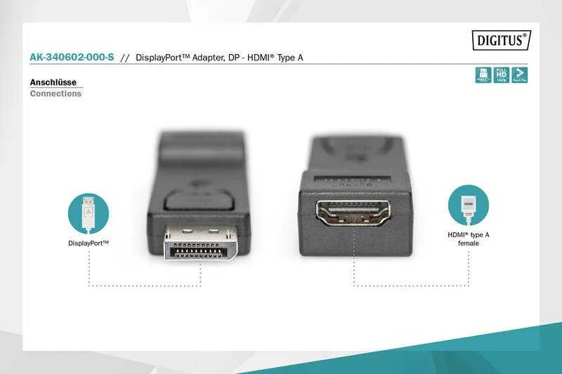 Assmann Electronic ASSMANN adapterio kabelio ekranasPrievadas HDMI M/F