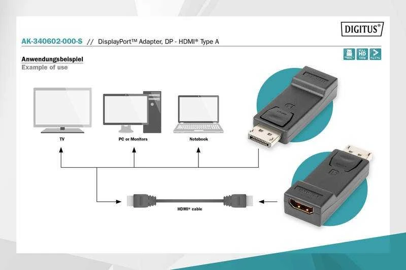 Assmann Electronic ASSMANN adapterio kabelio ekranasPrievadas HDMI M/F