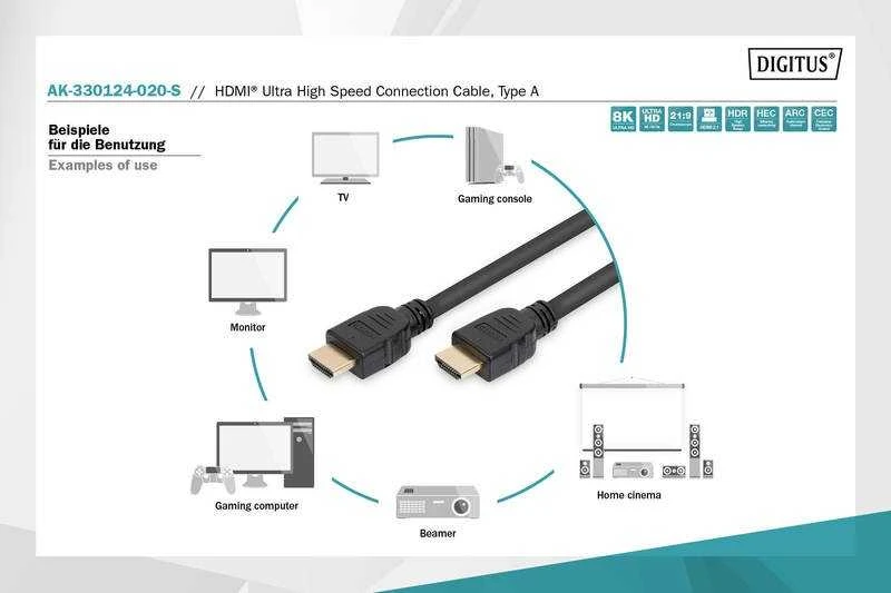 Assmann Electronic Assmann elektroninis ASSMANN jungiamasis kabelis HDMI Ultra HighSpeed Ethernet 8K 60Hz UHD tipas HDMI A/HDMI A M/M 2m