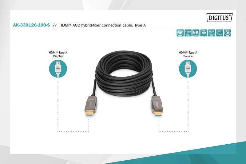 Assmann Electronic ASSMANN HDMI AOC Hibridinio pluošto jungties kabelis Tipas AM/M 10m UHD 8K60Hz CE auksinis bl