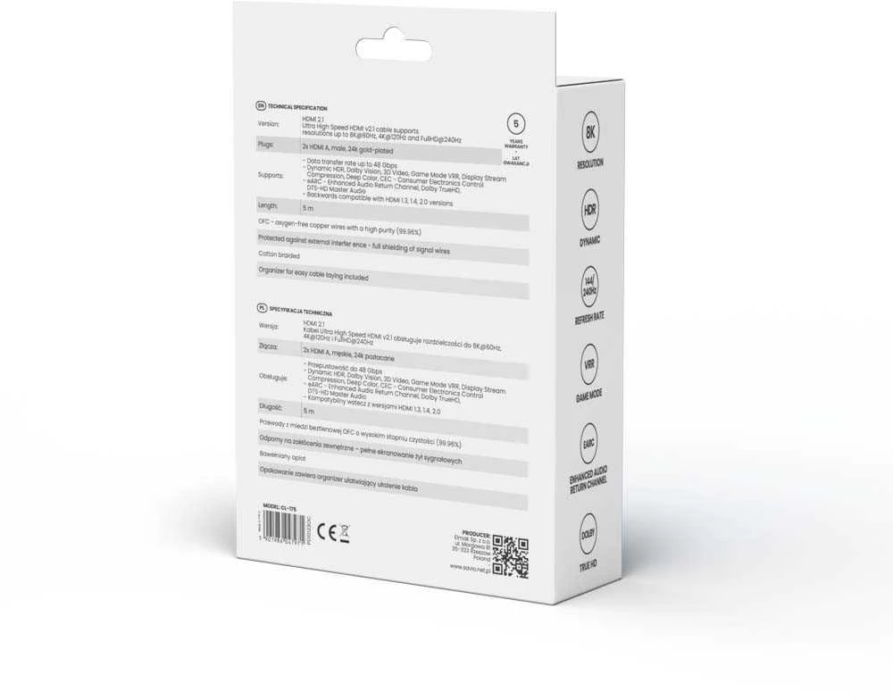Savio HDMI (M) v2.1 laidas, kampinis, 8K, HDR dinaminis, OFC varis, 5 m, CL-175