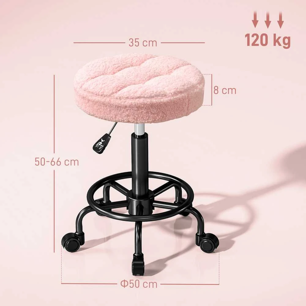 HOMCOM reguliuojamo aukščio kėdė su ratukais, besisukanti 360° kėdė 50-66 cm, darbo kėdė, biuro kėdė, kėdė biurui, salonui, masažui, SPA, rožinė