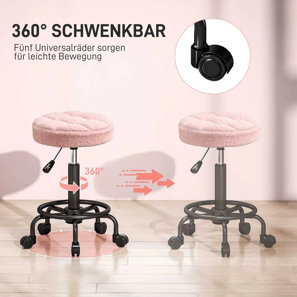 HOMCOM reguliuojamo aukščio kėdė su ratukais, besisukanti 360° kėdė 50-66 cm, darbo kėdė, biuro kėdė, kėdė biurui, salonui, masažui, SPA, rožinė