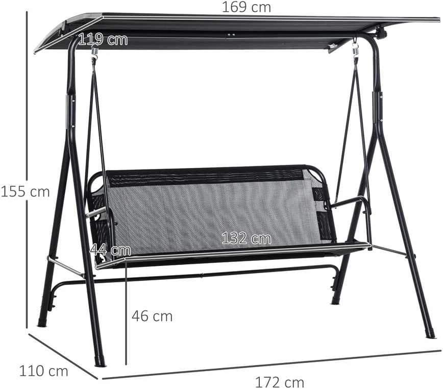 Outsunny 2 vietų sodo sūpynės, lauko gultas, atsparios UV spinduliams, aukštos kokybės metalinis vamzdis, reguliuojamas kampas, juodos