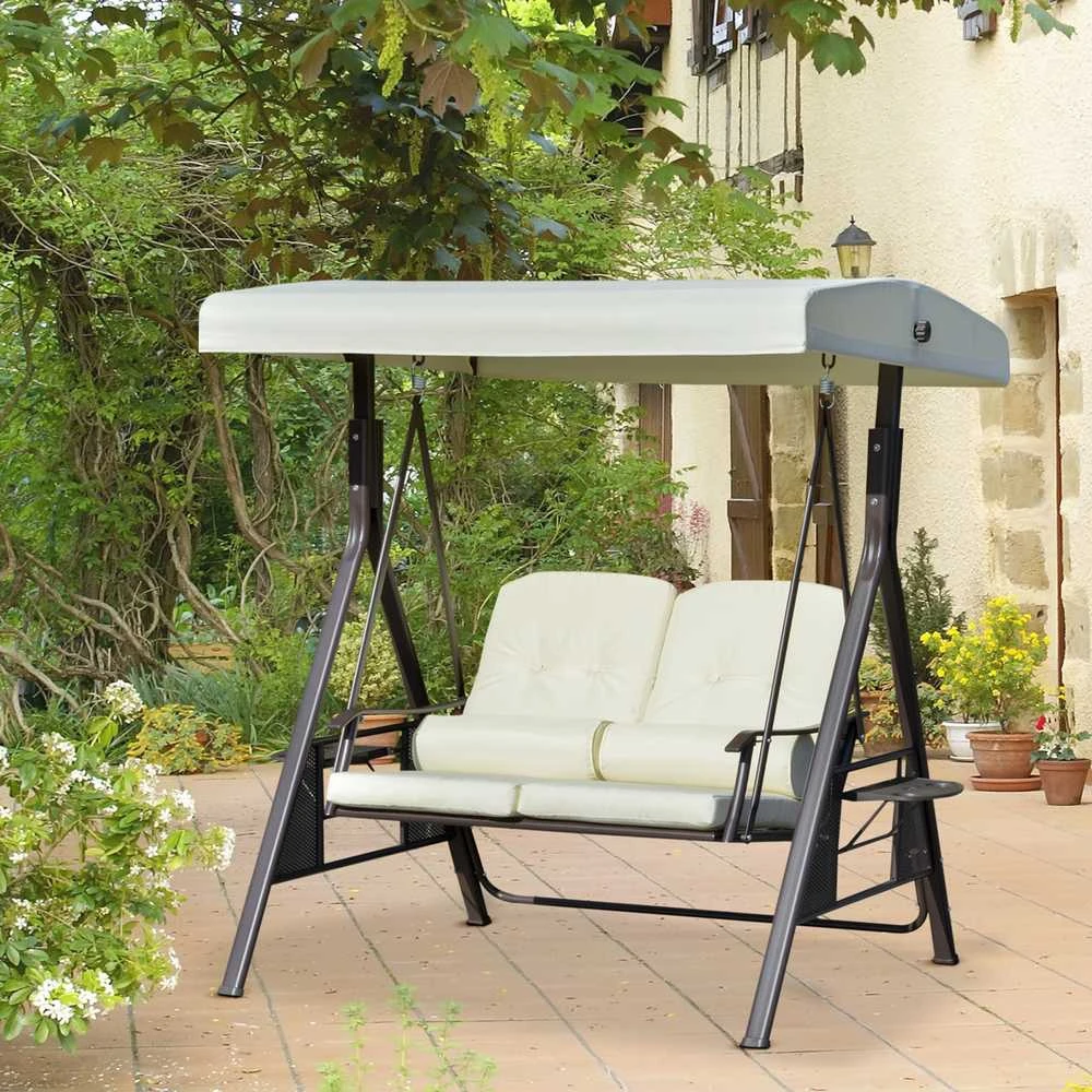 "Outsunny" dvivietės supynės "Hollywood" Jaukios sodo supynės su stogeliu nuo saulės, pagalvėlėmis ir dėže, metalas, poliesteris, smėlio spalvos, 162x118x173cm