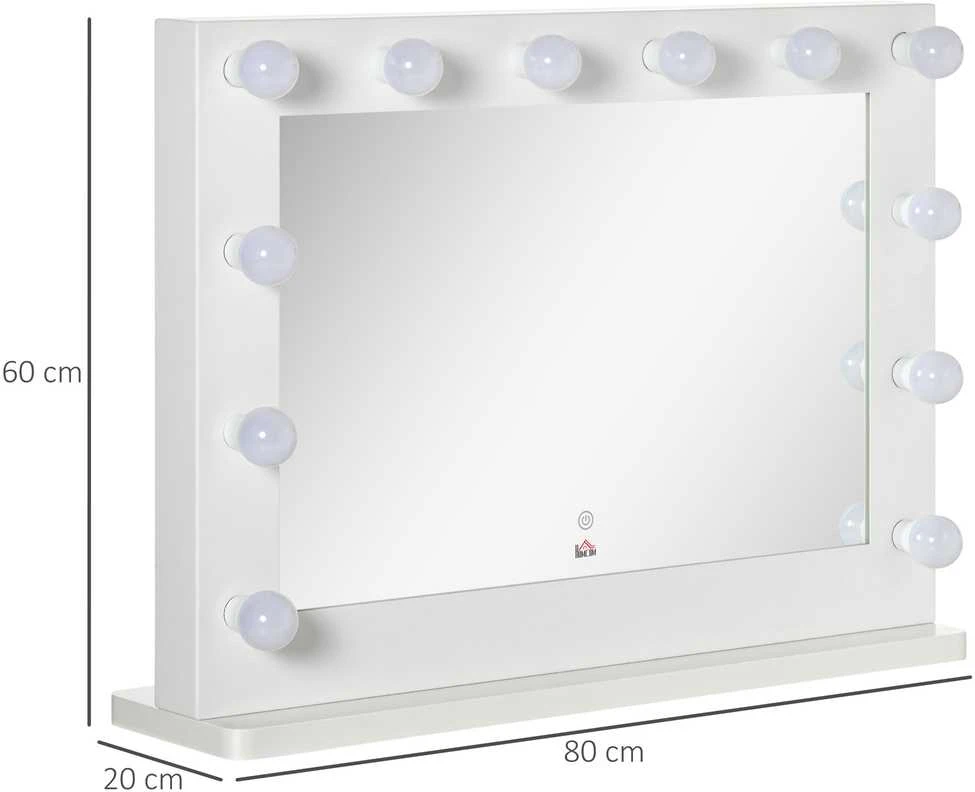 HOMCOM Holivudo stiliaus veidrodis su apšvietimu, jutiklinis jungiklis, 12 pritemdomų LED lempučių, 80x60cm, atminties funkcija, baltas