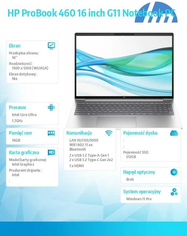 HP ProBook 460 G11 - Ultra 7 155U | 16"-WUXGA | 16 GB | 512 GB | Win11 Pro