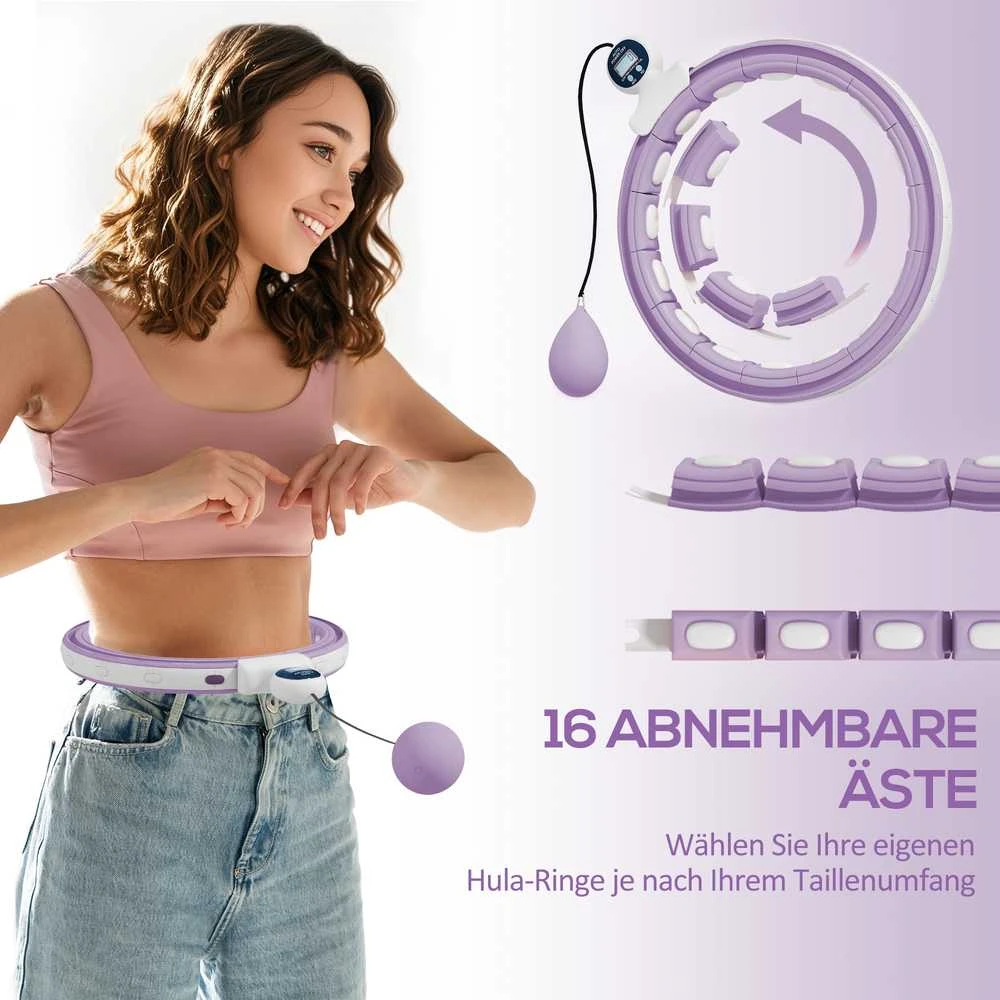SPORTNOW išmanusis hula hoop lankas suaugusiems su svoriu, kamuoliuku ir skaitikliu, 16 dalių (76-113 cm), reguliuojamas, tylus, lieknėjimo įranga, „Infinity“ hula hoop, violetinės spalvos