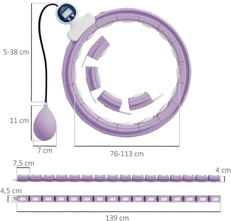 SPORTNOW išmanusis hula hoop lankas suaugusiems su svoriu, kamuoliuku ir skaitikliu, 16 dalių (76-113 cm), reguliuojamas, tylus, lieknėjimo įranga, „Infinity“ hula hoop, violetinės spalvos