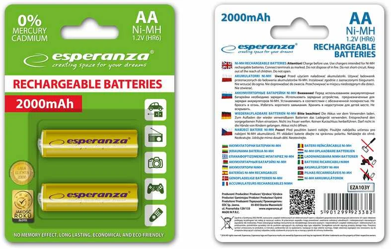 Esperanza AA baterijos, 2000mAh priekinė pakuotės pusė
