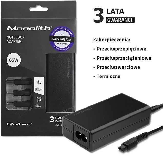 QOLTEC 52415 Maitinimo adapteris, skirtas Samsung Sony 65W / 3 kištukai / maitinimo kabelis