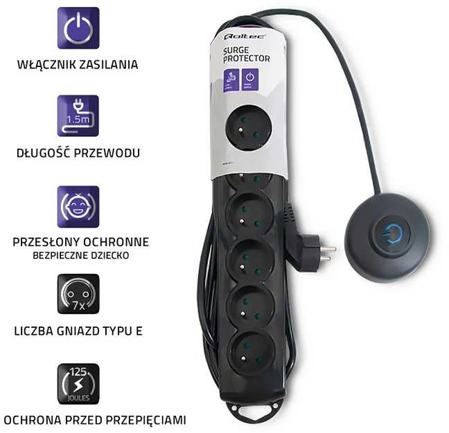 QOLTEC Apsauga nuo viršįtampių su Foot Quick Switch 7 lizdais 1,5 m