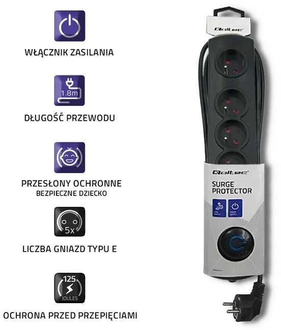QOLTEC Apsauga nuo viršįtampių Quick Switch 5 lizdai 1,8m juodas