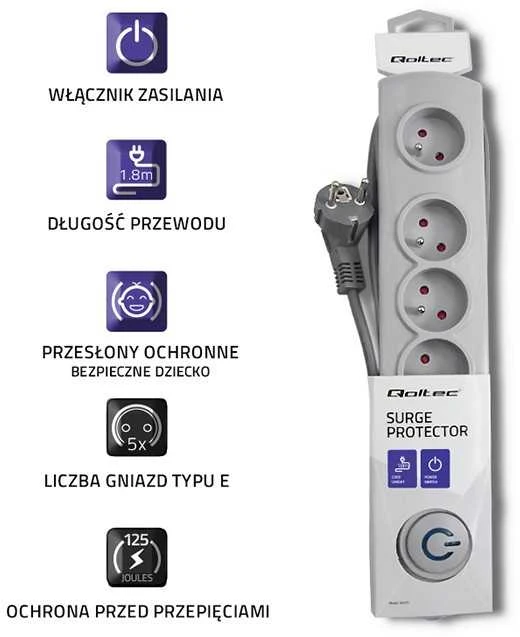 QOLTEC Apsauga nuo viršįtampių Quick Switch 5 lizdai 1.8m pilka