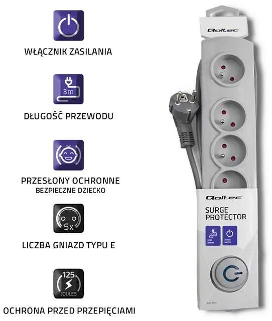 QOLTEC Apsauga nuo viršįtampių Quick Switch 5 lizdai 3m pilka