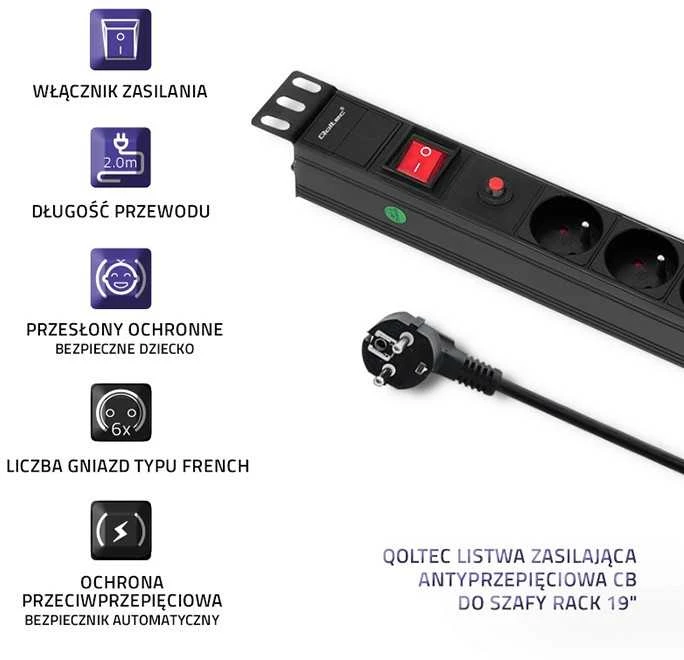 QOLTEC 53995 Apsauga nuo viršįtampių RACK 19 16A 1U PDU 6xSCHUKO 2m