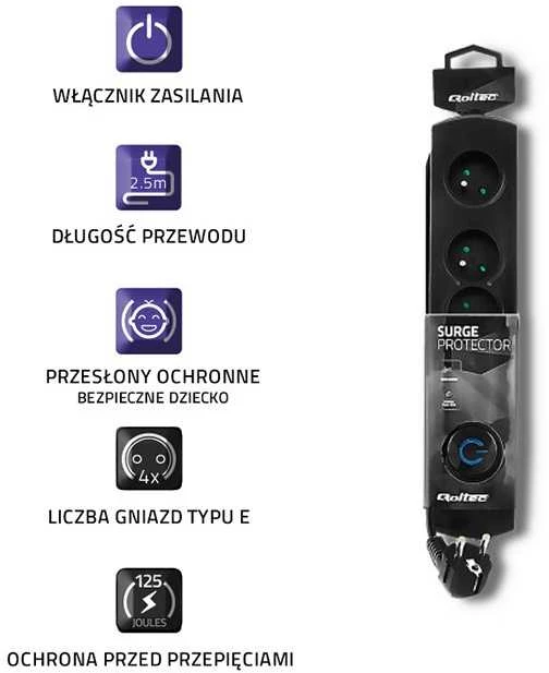 QOLTEC 50105 Viršįtampių apsauga 4 maitinimo lizdas 2,5m