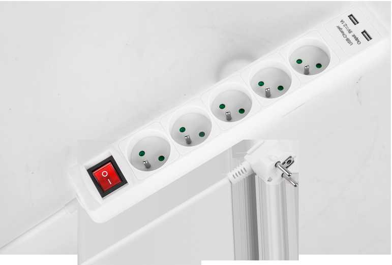 Rebel elektros tinklo ilgintuvas 5 lizdai + 2 USB lizdai su jungikliu 3m