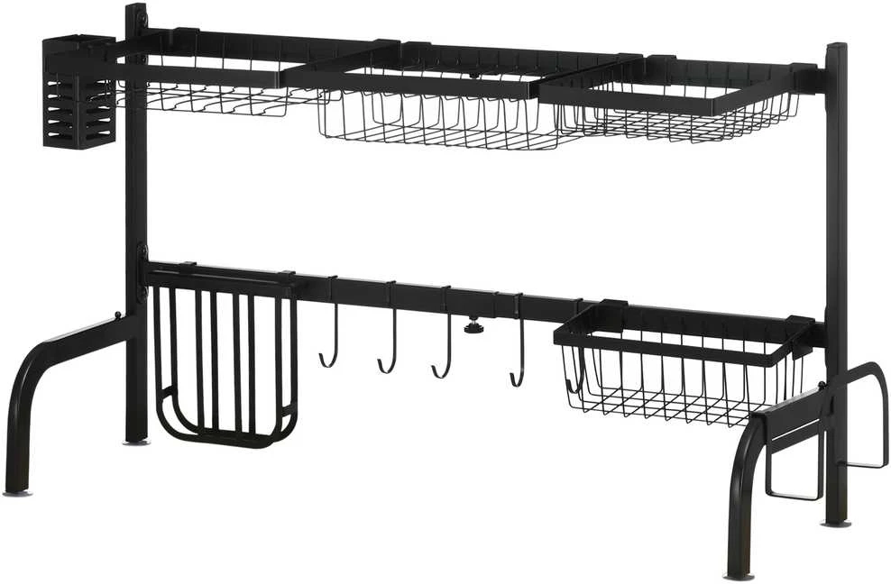 HOMCOM indų džiovykla, 2 pakopų, su kabliukais, padėklu, plieninė, juoda, 51-93 cm