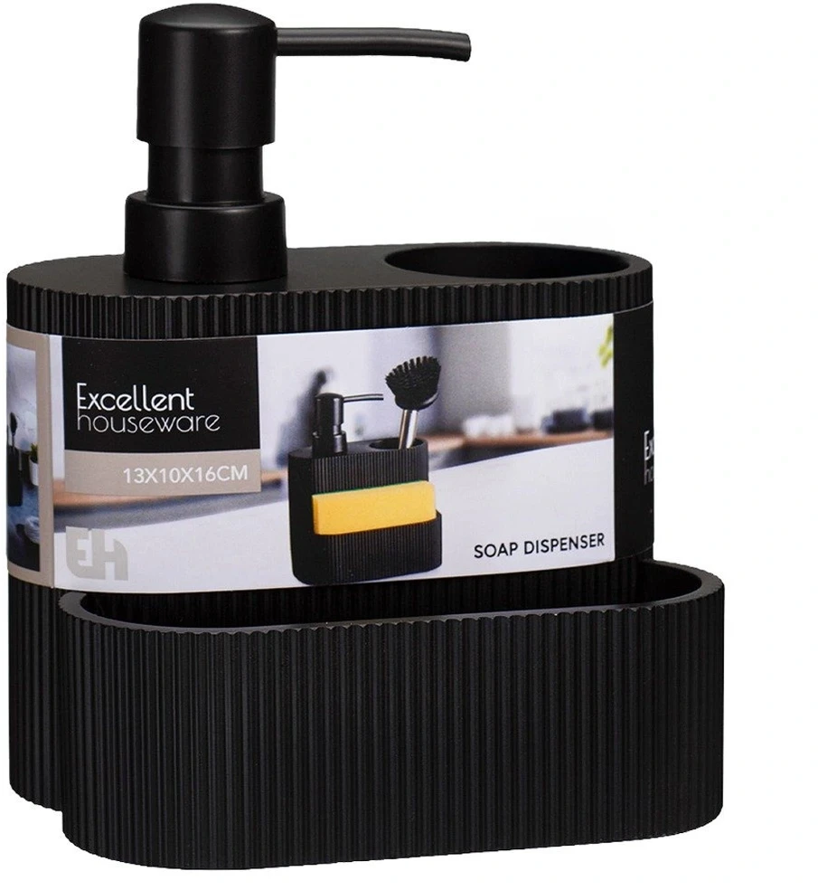 5five Simply Smart Indų ploviklio dozatorius su kempinės ir šepetėlio laikikliu, 250 ml, juodas, 13 × 10 × 16 cm