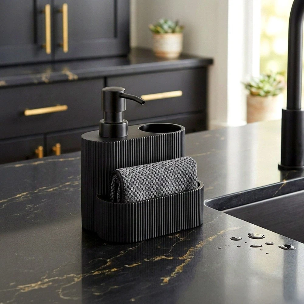 5five Simply Smart Indų ploviklio dozatorius su kempinės ir šepetėlio laikikliu, 250 ml, juodas, 13 × 10 × 16 cm