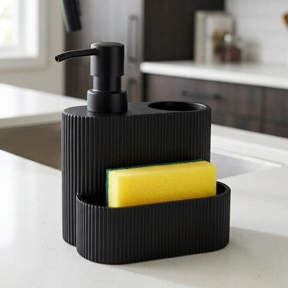 5five Simply Smart Indų ploviklio dozatorius su kempinės ir šepetėlio laikikliu, 250 ml, juodas, 13 × 10 × 16 cm