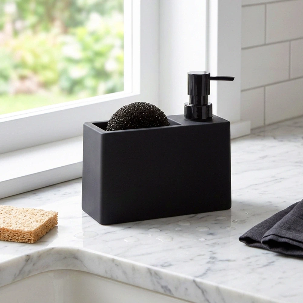 Mondex Indų ploviklio dozatorius su kempinės laikikliu, juodas, 16,5 × 6 × 16 cm