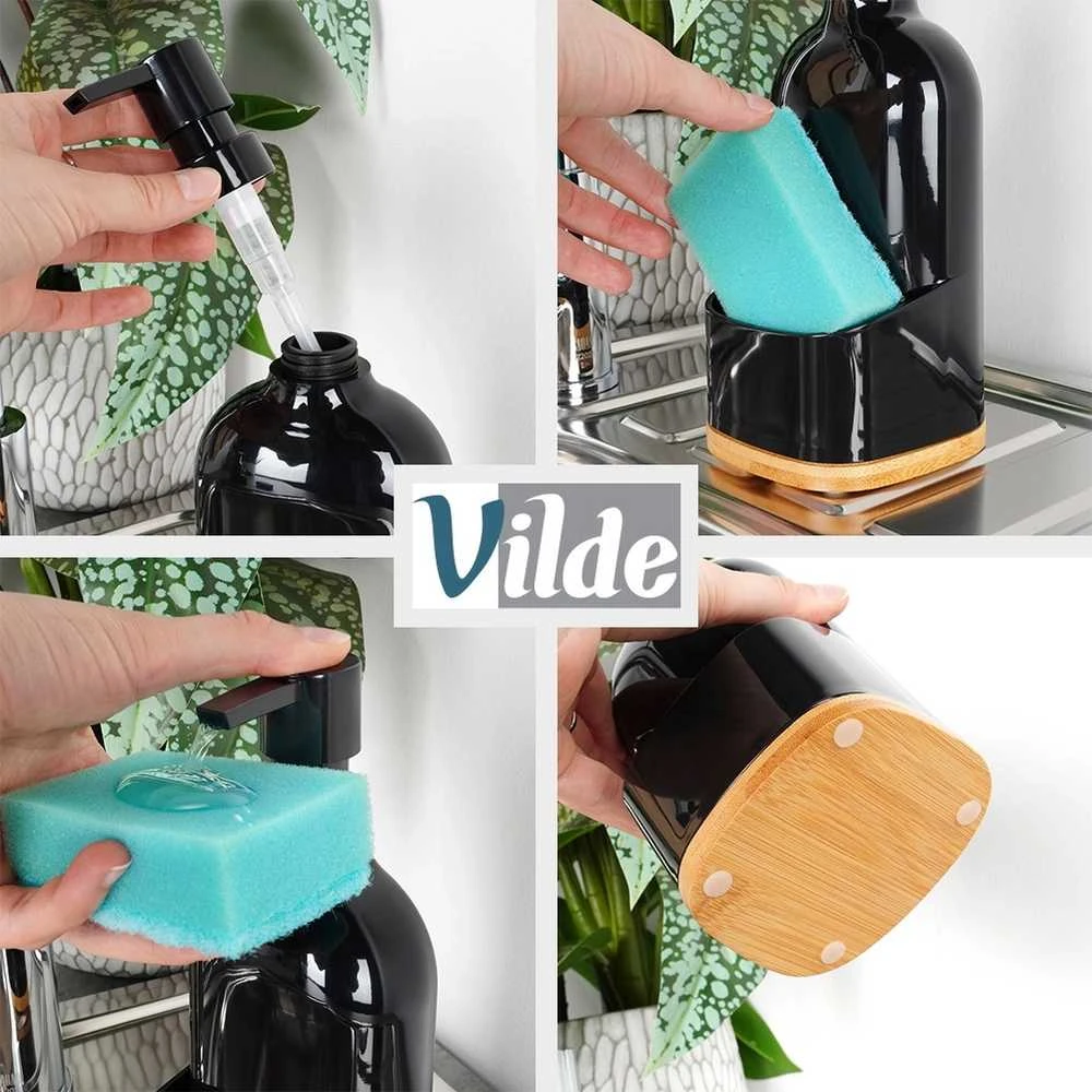 Indų ploviklio dozatorius Vilde su kempinės laikikliu, 500 ml, juodas