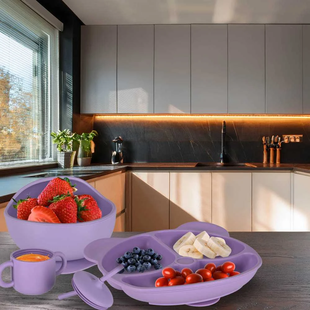 Vaikiškų silikoninių įrankių rinkinys 8 vnt violetinės spalvos