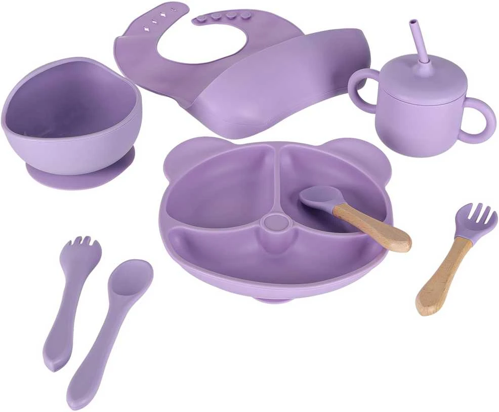 Vaikiškų silikoninių įrankių rinkinys 8 vnt violetinės spalvos