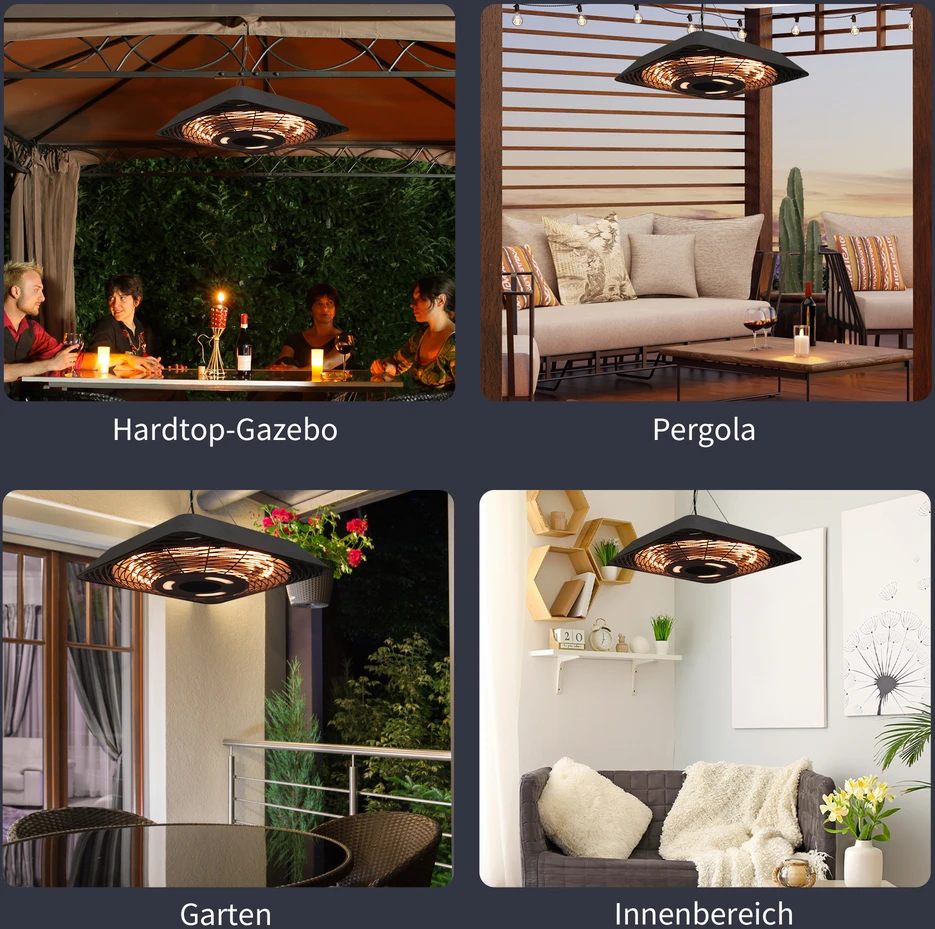 Outsunny lubinis šildytuvas 800W/1200W/2000W, 5 režimai, IP45 elektrinis šildytuvas su nuotolinio valdymo pulteliu, LED lempute, aliuminis, stiklas, juodas, 45 x 45 x 10 cm