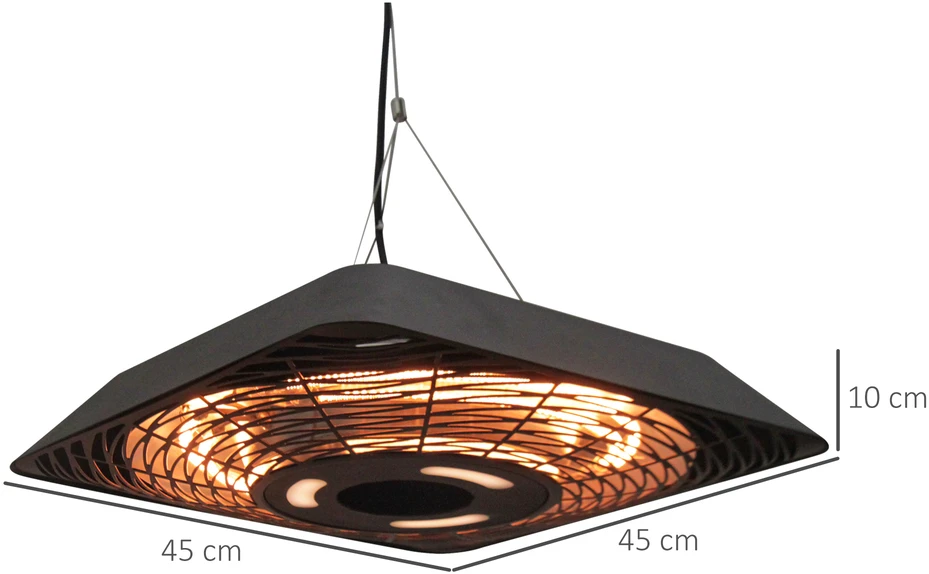Outsunny lubinis šildytuvas 800W/1200W/2000W, 5 režimai, IP45 elektrinis šildytuvas su nuotolinio valdymo pulteliu, LED lempute, aliuminis, stiklas, juodas, 45 x 45 x 10 cm