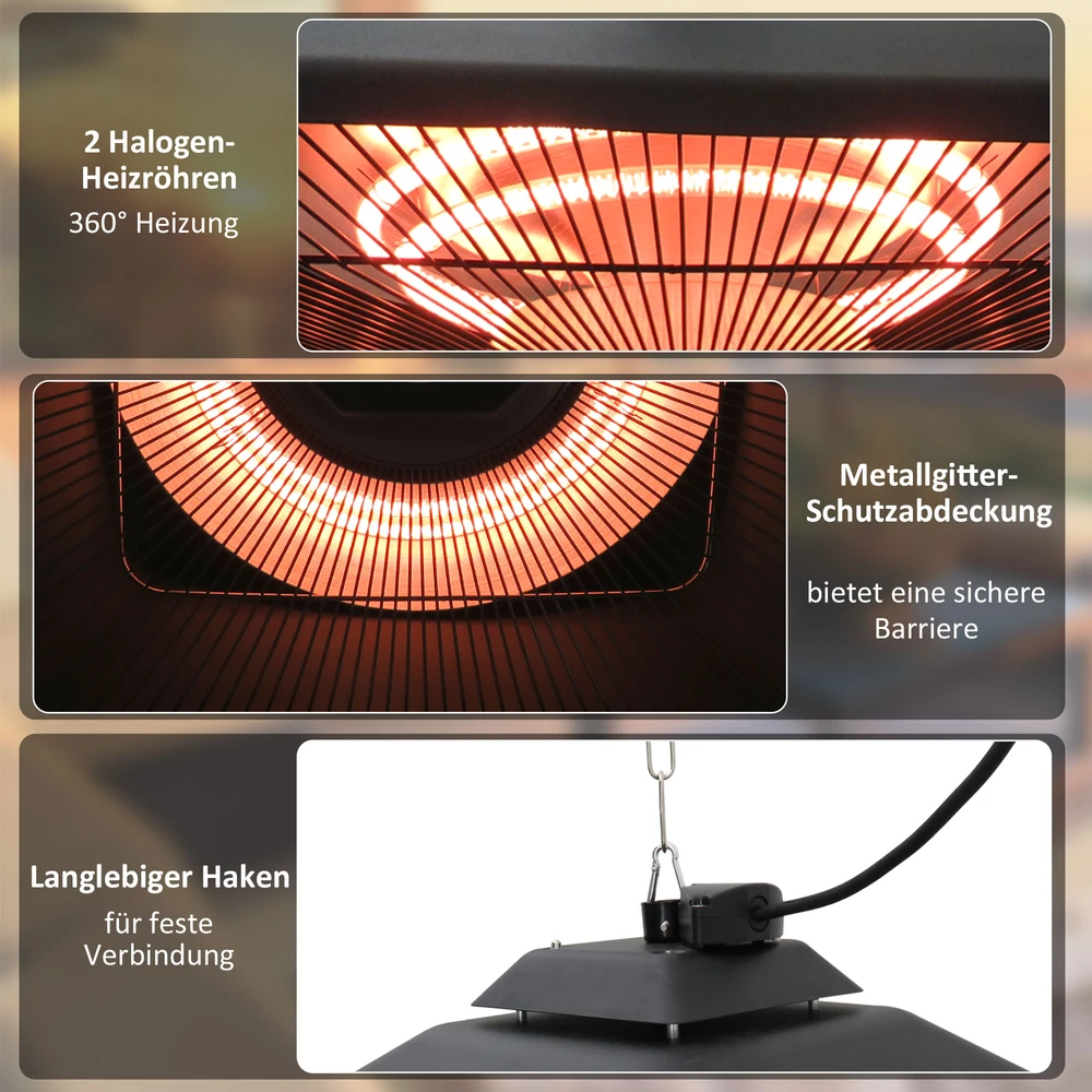 Outsunny terasos šildytuvas, montuojamas prie lubų, su nuotolinio valdymo pultu ir LED apšvietimu, 2000 W, 43x43x25 cm