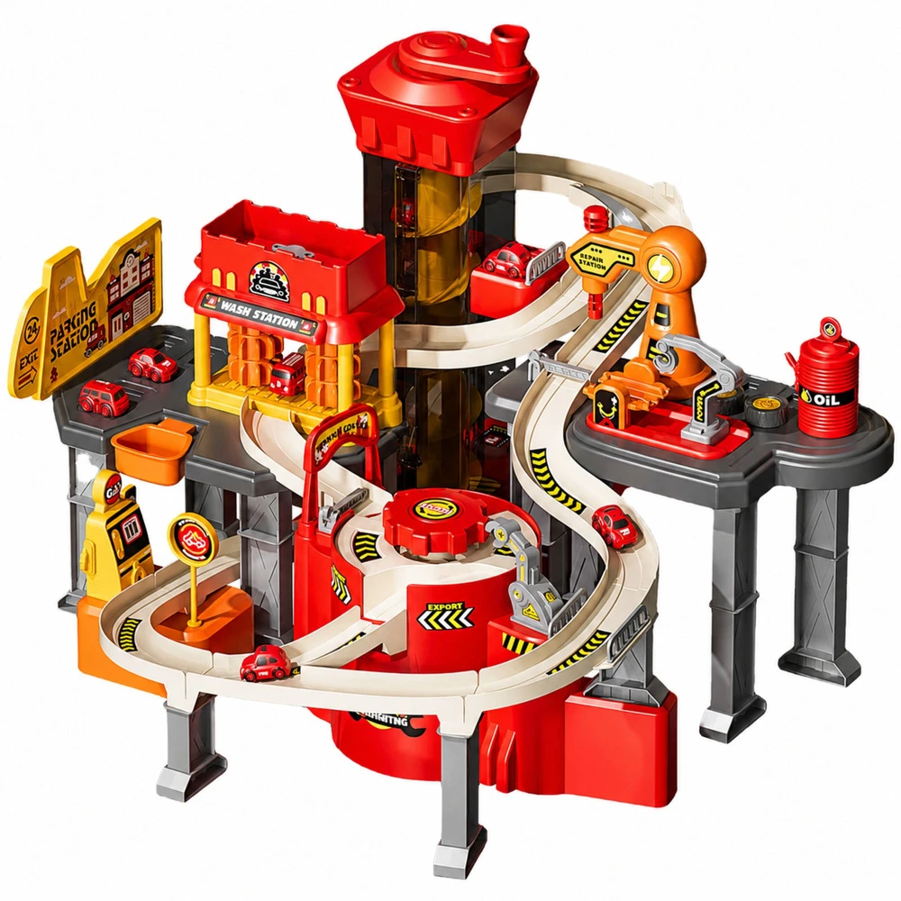 Lean Toys Interaktyvus automobilių garažas su trasa ir keltuvu, raudonas, 52 × 36 × 46 cm, su 8 automobiliais