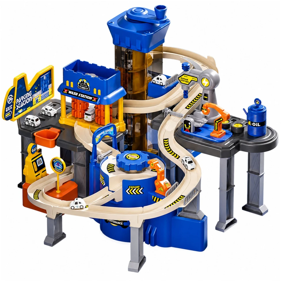 Lean Toys Interaktyvus automobilių garažas su trasa, mėlynas, 52 × 36 × 46 cm, 8 automobiliai