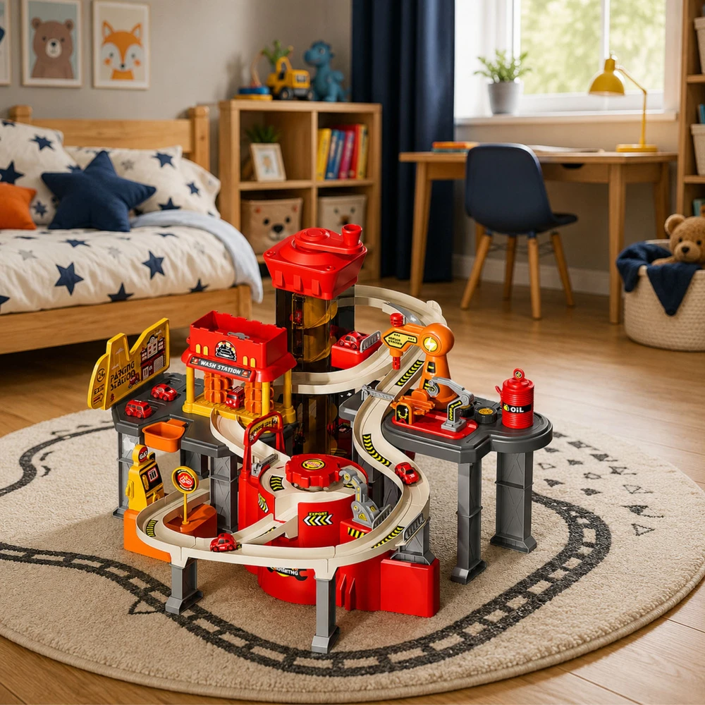 Lean Toys Interaktyvus automobilių garažas su trasa ir keltuvu, raudonas, 52 × 36 × 46 cm, su 8 automobiliais