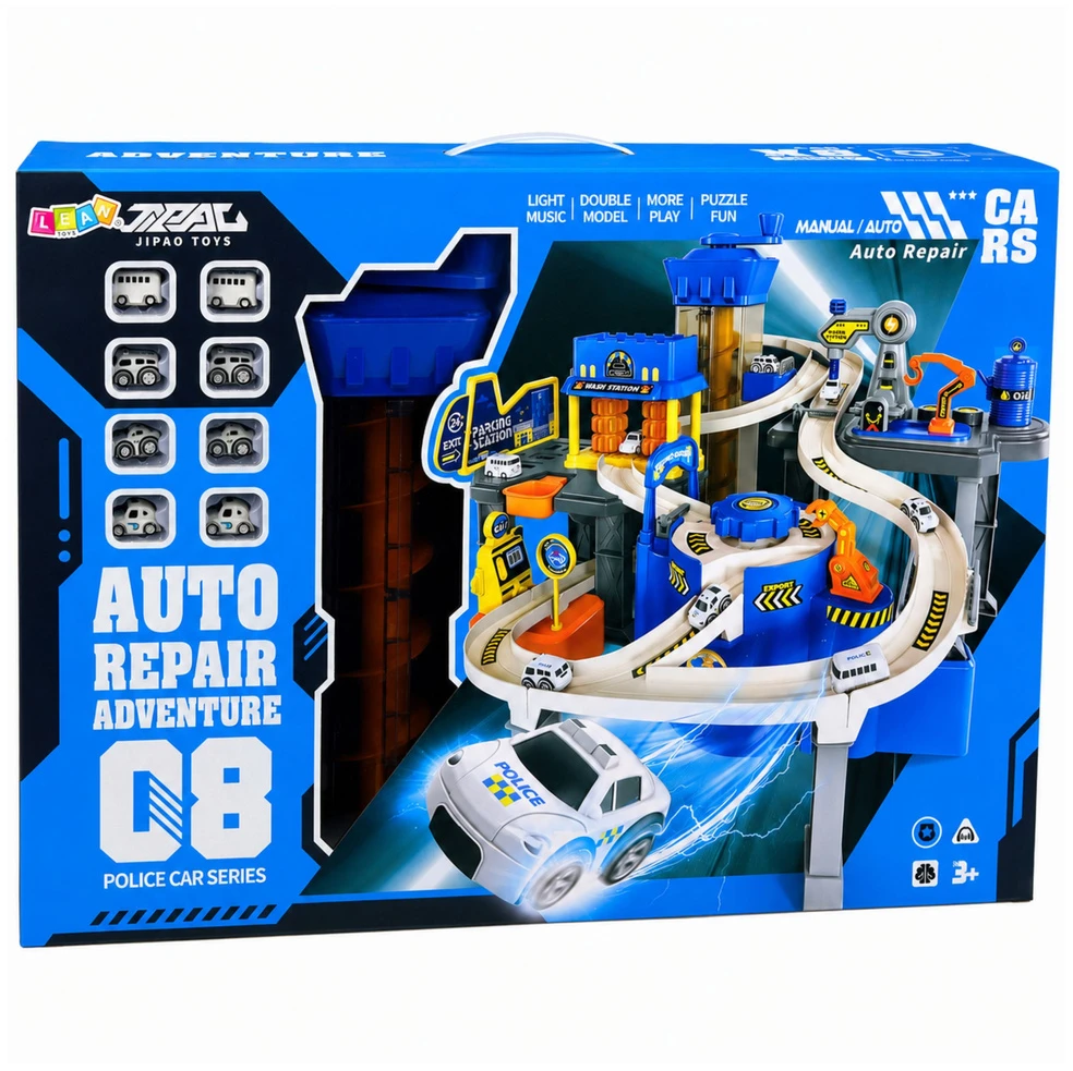 Lean Toys Interaktyvus automobilių garažas su trasa, mėlynas, 52 × 36 × 46 cm, 8 automobiliai