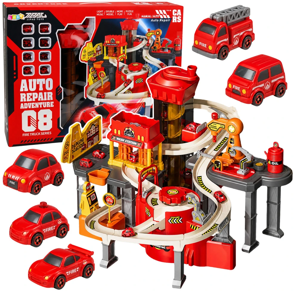 Lean Toys Interaktyvus automobilių garažas su trasa ir keltuvu, raudonas, 52 × 36 × 46 cm, su 8 automobiliais
