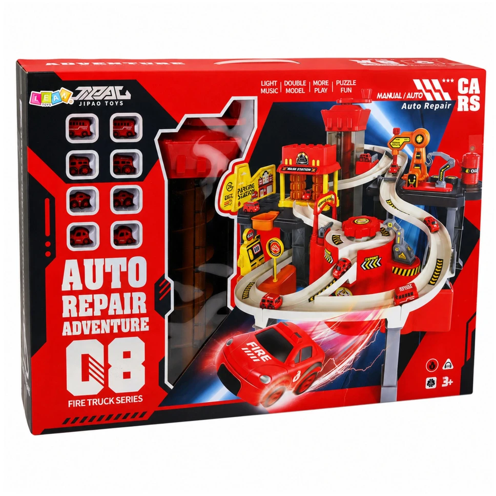 Lean Toys Interaktyvus automobilių garažas su trasa ir keltuvu, raudonas, 52 × 36 × 46 cm, su 8 automobiliais