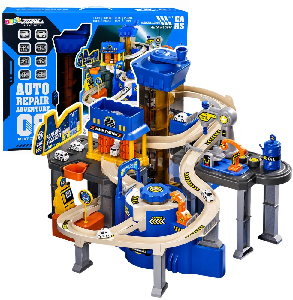 Lean Toys Interaktyvus automobilių garažas su trasa, mėlynas, 52 × 36 × 46 cm, 8 automobiliai