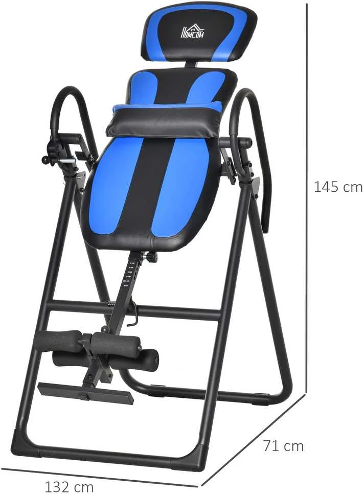 HOMCOM sulankstomas inversijos stalas, gravitacijos treniruoklis su ratukais, reguliuojamas nugaros atlošas, metalas ir ABS, juoda ir mėlyna spalvos, 132x71x145 cm
