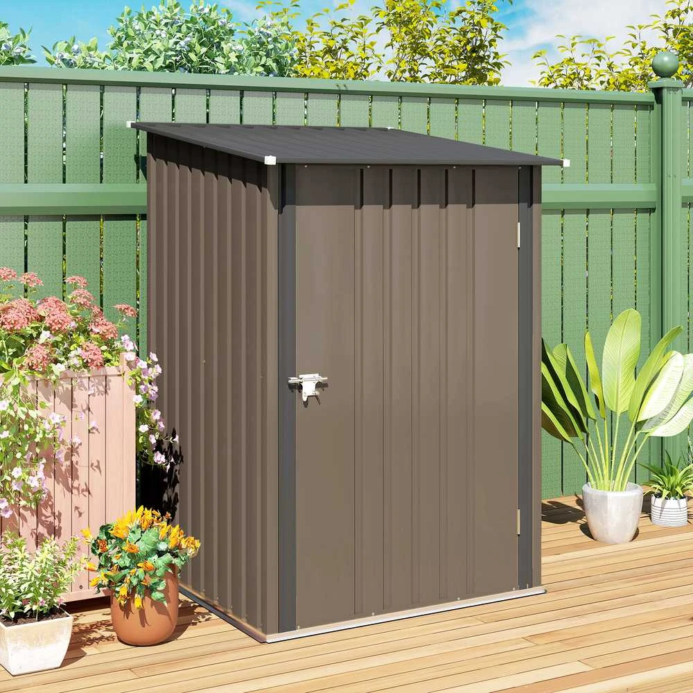 Outsunny plieno sodo namelis, 0,92 m² įrankių namelis su vienšlaičiu stogu, rakinama sodo spintelė, įrankių pašiūrė, 100 x 103 x 160 cm, rudas