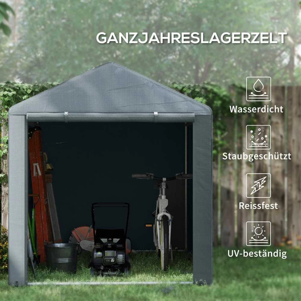 Outsunny garažo palapinė, 1,6 x 2,18 x 1,72 m sandėliavimo palapinė su UV apsauga, užtraukiamos durys, vandeniui atspari plėvelinė garažo palapinė sodo įrankiams, motociklams, tamsiai pilka | Aosom