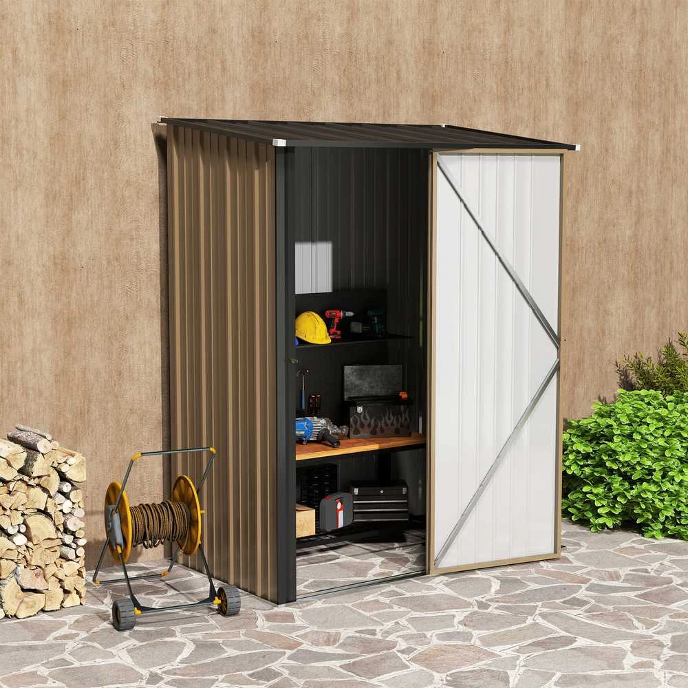 Outsunny sodo namelis su vienšlaičiu stogu 1,34 m², metalinis sodo namelis, įrankių pašiūrė, cinkuotas plienas, rudas, 161,5 x 94,5 x 196 cm