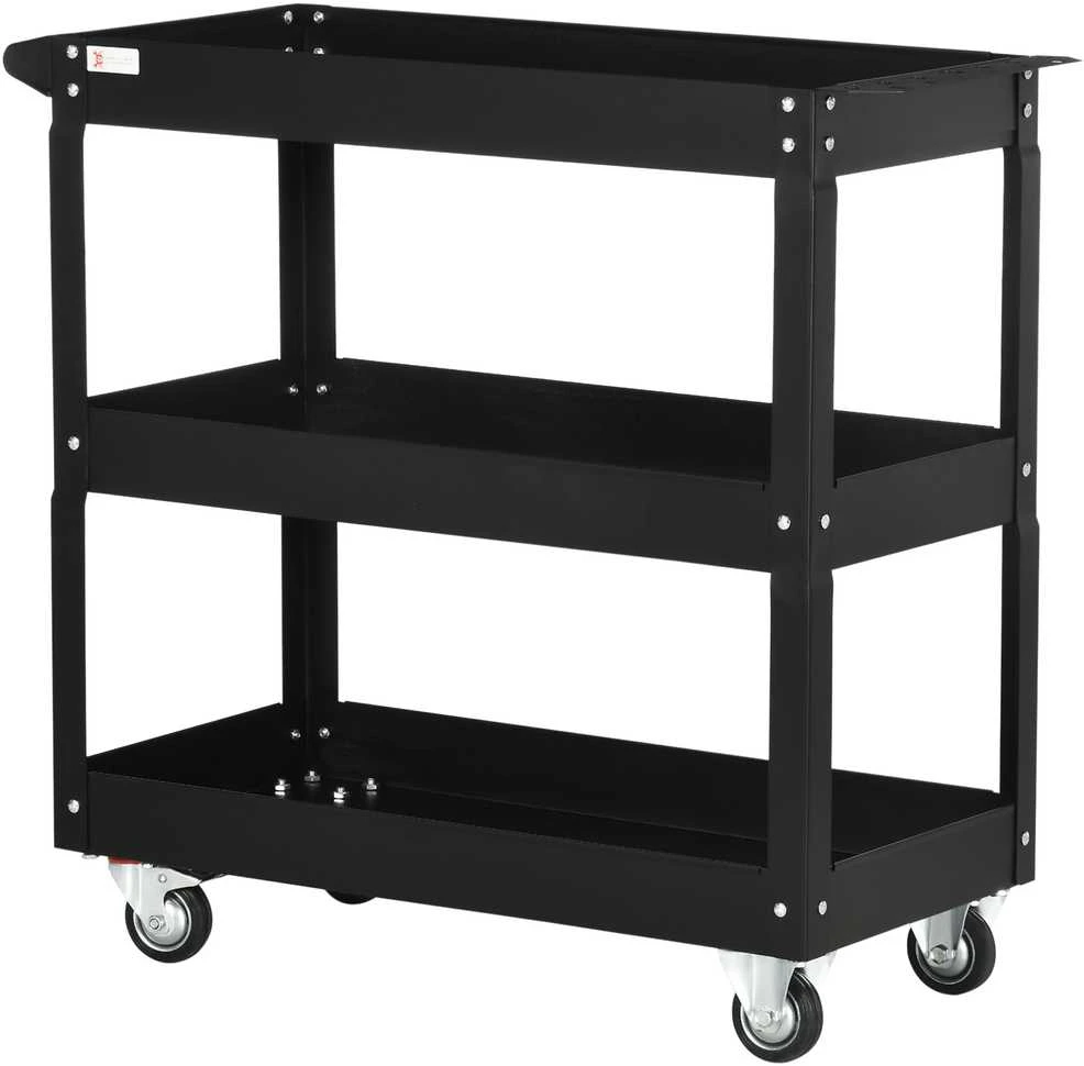 DURHAND plieno dirbtuvių vežimėlis su 3 lentynomis, ratukais ir rankena – maks. apkrova 150 kg – 83 x 35,3 x 76 cm, juodas