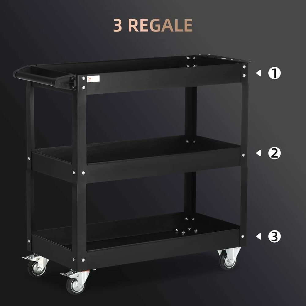 DURHAND plieno dirbtuvių vežimėlis su 3 lentynomis, ratukais ir rankena – maks. apkrova 150 kg – 83 x 35,3 x 76 cm, juodas