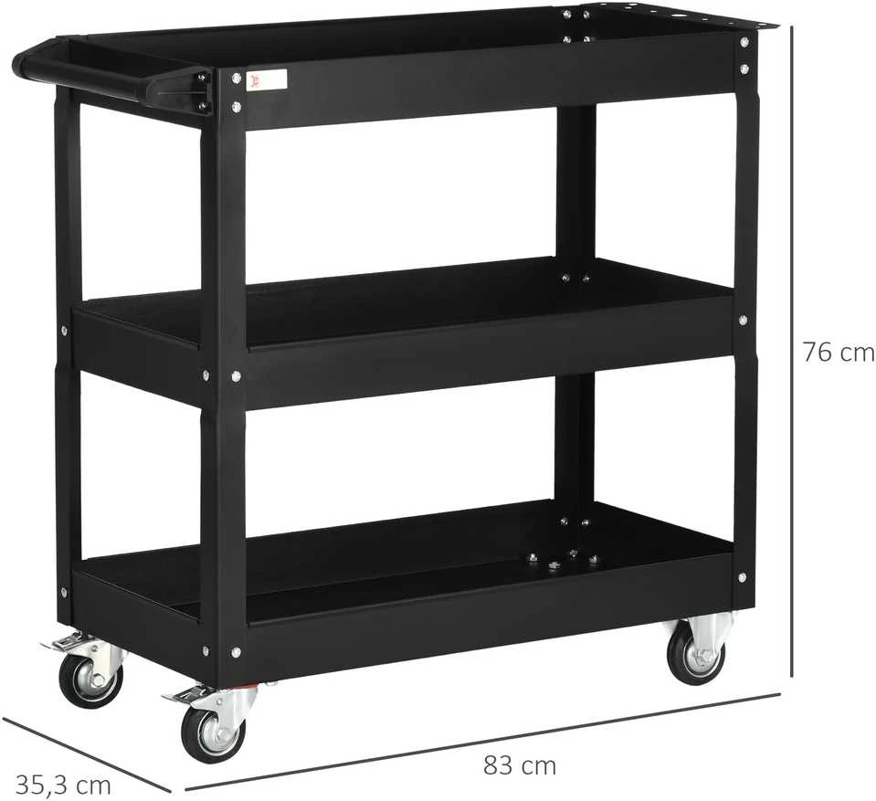 DURHAND plieno dirbtuvių vežimėlis su 3 lentynomis, ratukais ir rankena – maks. apkrova 150 kg – 83 x 35,3 x 76 cm, juodas