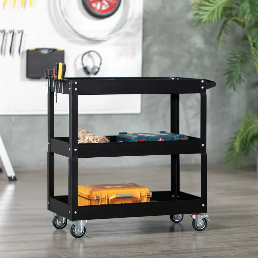 DURHAND plieno dirbtuvių vežimėlis su 3 lentynomis, ratukais ir rankena – maks. apkrova 150 kg – 83 x 35,3 x 76 cm, juodas