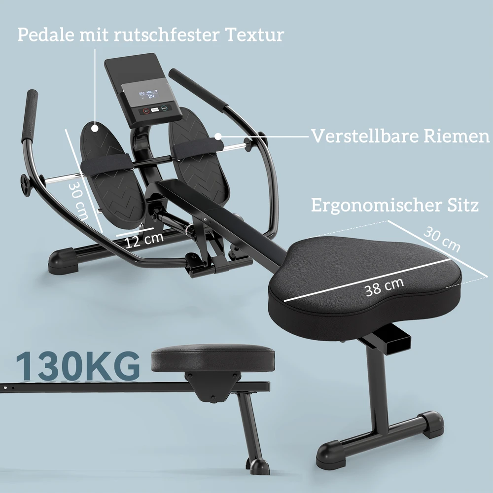 Irklavimo treniruoklis su 12 hidraulinio pasipriešinimo lygių ir LCD ekranu, juodas, 138 × 62 × 50 cm